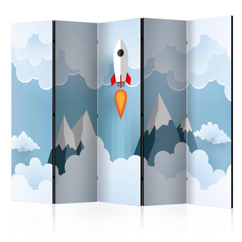 Room Divider - Rocket in the Clouds II- A 5 Panel Folding Screen For Living rooms, bedrooms or home office, decorative folding screen made with wood and canvas