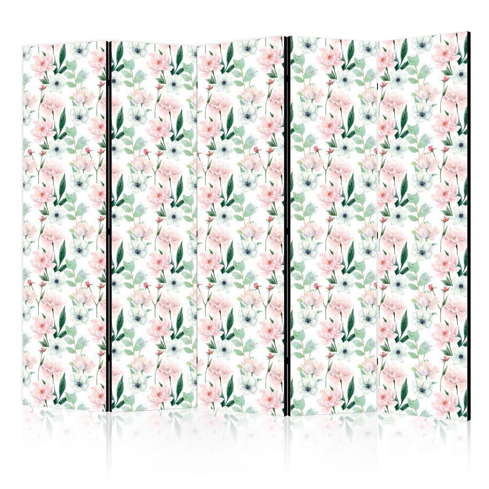 Room Divider - Peonies - Pink and White Flowers and Green Leaves on a White Background- A 5 Panel Folding Screen For Living rooms, bedrooms or home office, decorative folding screen made with wood and canvas