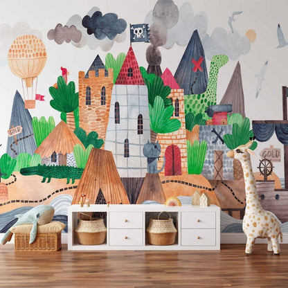 Wall Mural - A colourful treasure island with a castle - a pirate ship at sea for children