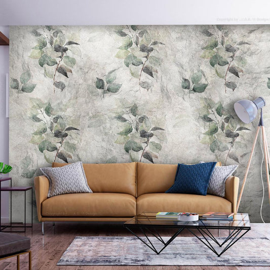 Wall Mural - Statue of nature - plant motif with green leaves with grey patterns-Wall Murals-ArtfulPrivacy