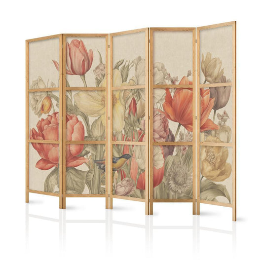 Japanese Room Divider - Bouquet with Tulips - Colorful Flowers on a Light Background - Illustration