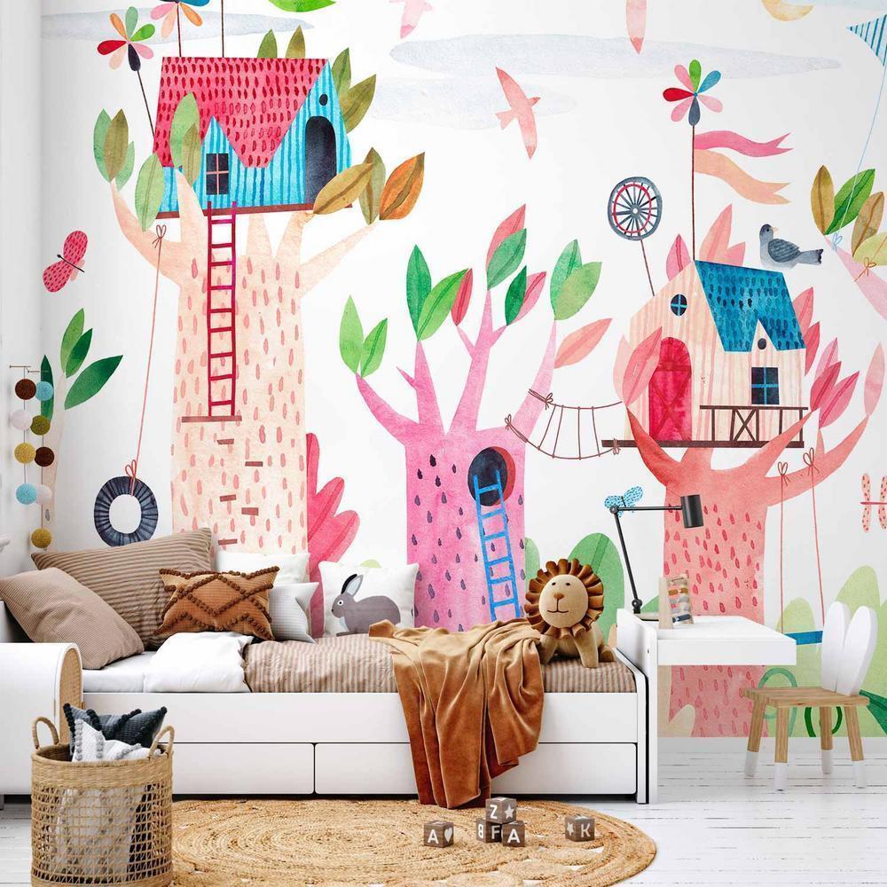 Wall Mural - Painted tree houses - a colourful fantasy with kites for children