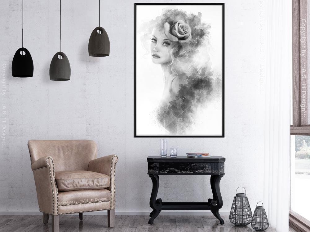 Black and White Framed Poster - Mysterious Lady-artwork for wall with acrylic glass protection