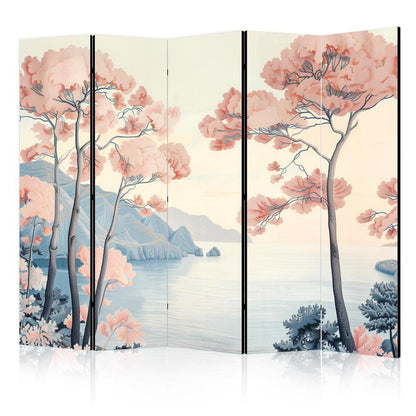 Room Divider - Landscape with the Ocean - Cliffs - and Trees in Delicate Pink Shades- A 5 Panel Folding Screen For Living rooms, bedrooms or home office, decorative folding screen made with wood and canvas