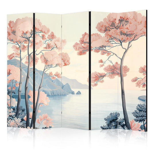 Room Divider - Landscape with the Ocean - Cliffs - and Trees in Delicate Pink Shades- A 5 Panel Folding Screen For Living rooms, bedrooms or home office, decorative folding screen made with wood and canvas