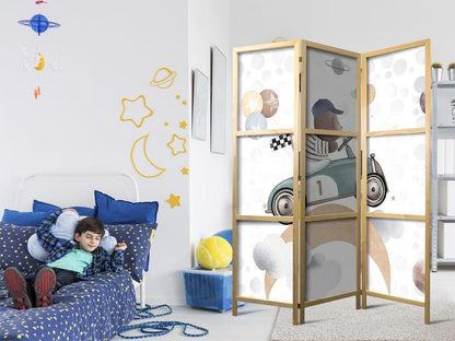 Japanese Room Divider - Galactic Races - Bear Participating in Car Races Among Planets - Clouds - and Stars in Pastel Colors