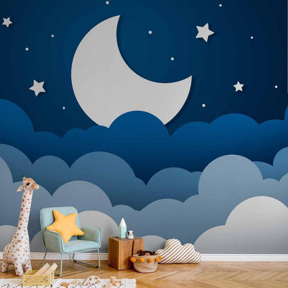 Wall Mural - Moon dream - clouds on a dark blue sky with stars for children