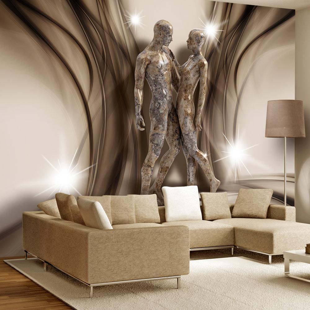 Wall Mural - Stone Couple - Stone sculpture of two figures amidst delicate smoke-Wall Murals-ArtfulPrivacy