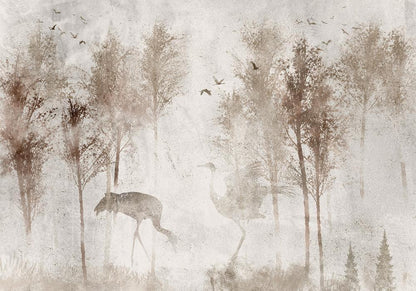 Wall Mural - Among the trees - landscape in grey tones in fog in a clearing with birds-Wall Murals-ArtfulPrivacy