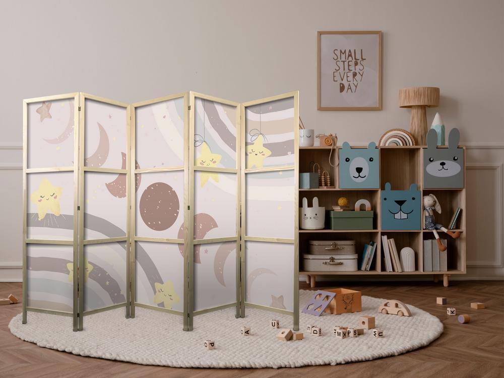 Japanese Room Divider - Joyful Sky - Yellow cheerful stars with a rainbow against the moon phases - in the sky colored light beige