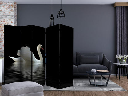 Room Divider - swan (black and white) II- A 5 Panel Folding Screen For Living rooms, bedrooms or home office, decorative folding screen made with wood and canvas