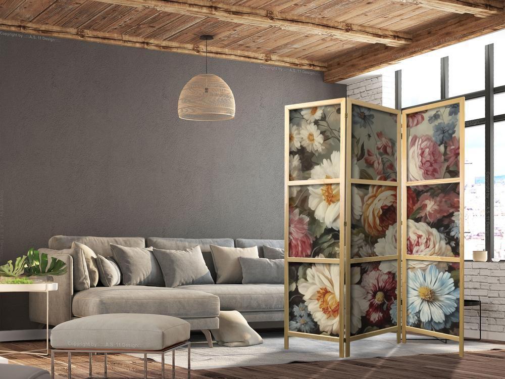 Japanese Room Divider - Scent of Nature - Beautiful Garden Flowers in Pastel Colors