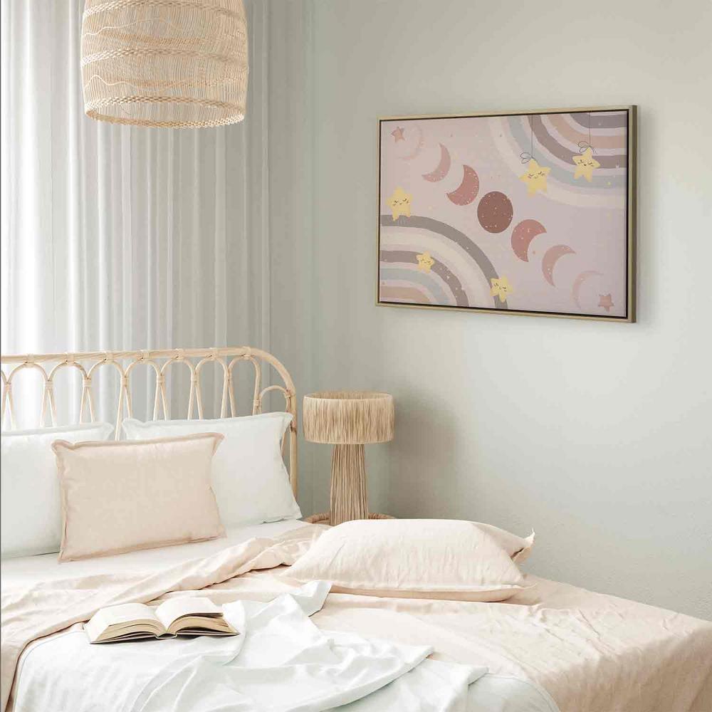 Canvas Print - Joyful Sky - Yellow Cheerful Stars with a Rainbow Against the Phases of the Moon in a Light Beige Sky Hue