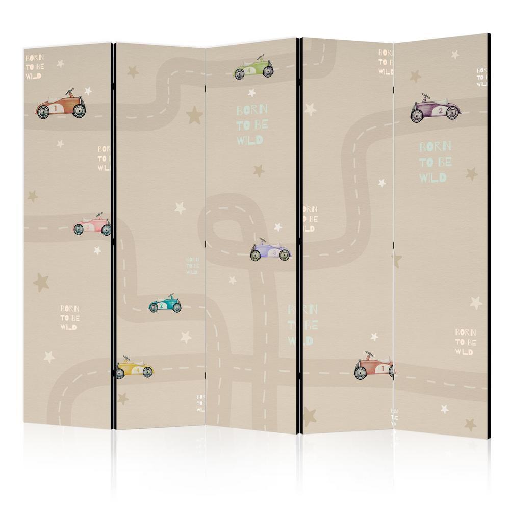 Room Divider - Race - Colorful Cars on a Road on a Beige Background with Stars- A 5 Panel Folding Screen For Living rooms, bedrooms or home office, decorative folding screen made with wood and canvas