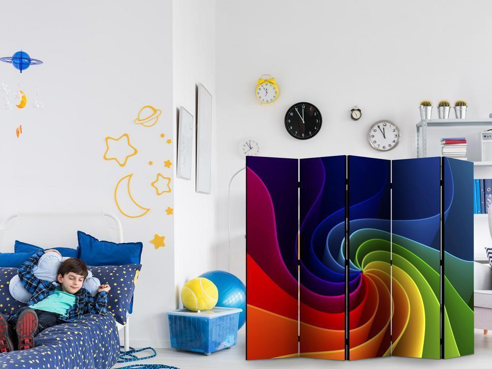 Room Divider - Colorful Pinwheel II- A 5 Panel Folding Screen For Living rooms, bedrooms or home office, decorative folding screen made with wood and canvas