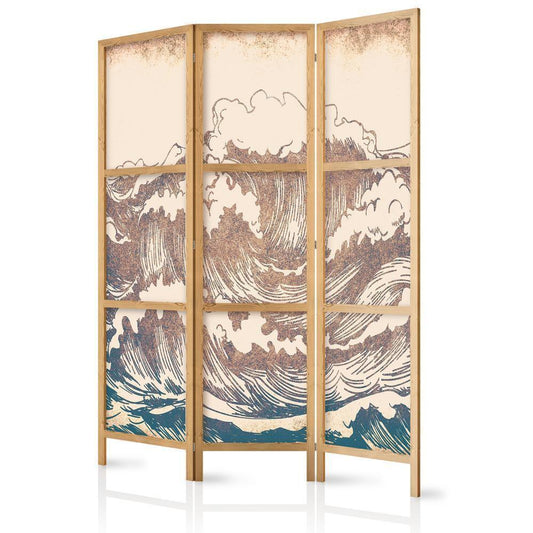 Japanese Room Divider - Turbulent Ocean - High Waves in Brown and Navy on a Beige Background in Vintage Style