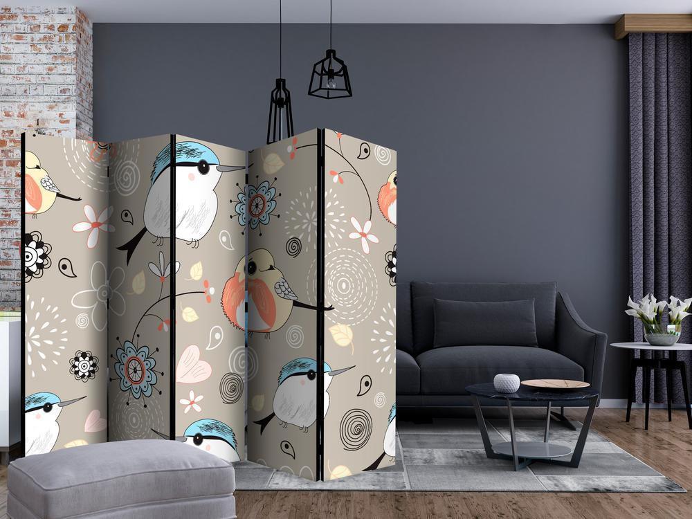 Room Divider - Natural pattern with birds II- A 5 Panel Folding Screen For Living rooms, bedrooms or home office, decorative folding screen made with wood and canvas