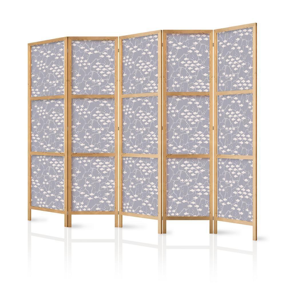 Japanese Room Divider - Underwater Shoal of Small Fish - Tiny Light-Beige Fish on the Background of Oceanic Depths in Gray Shades