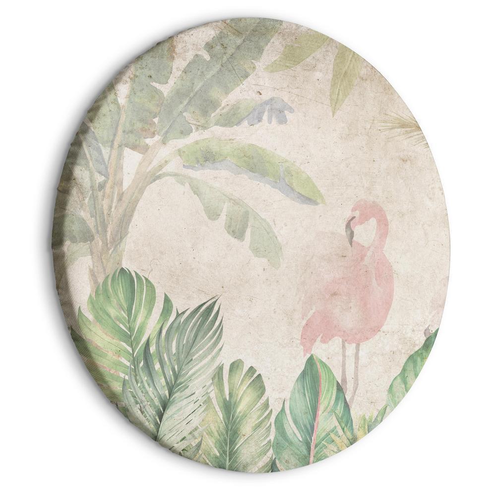 Circle shape wall decoration with printed design - Round Canvas Print - Birds wading among exotic flora - Flamingos amidst lush tropical vegetation in soft pastel shades of green/Birds in the jungle - ArtfulPrivacy