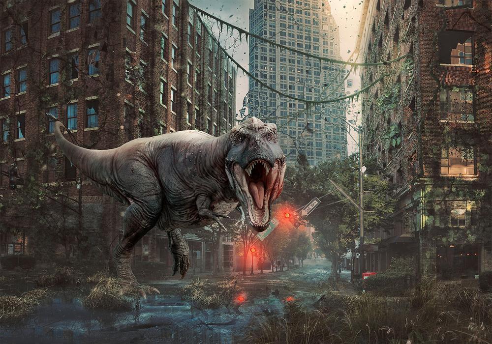 Wall Mural - Dinosaur in the City-Wall Murals-ArtfulPrivacy