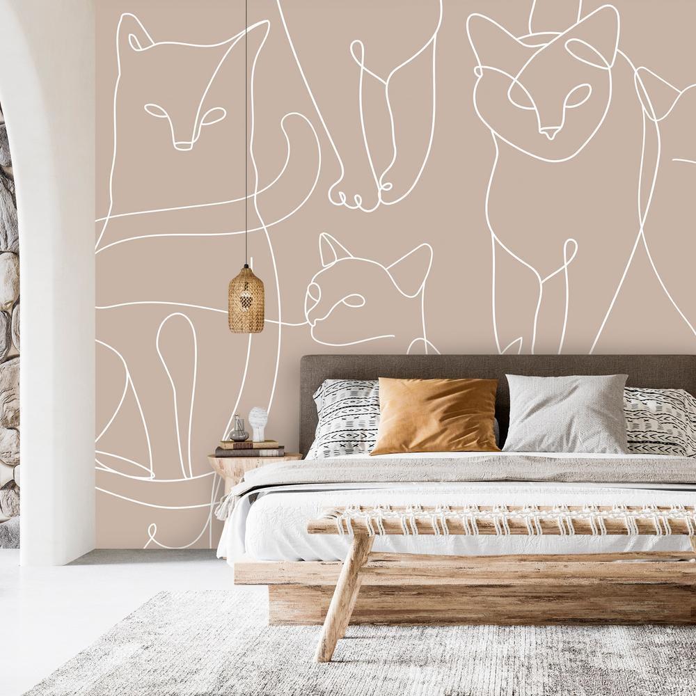 Wall Mural - Cat lineart - minimalist sketches of white cats on beige background-Wall Murals-ArtfulPrivacy