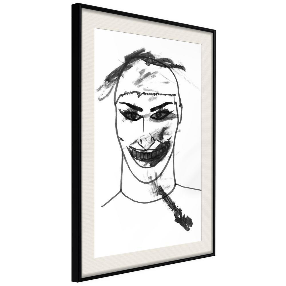 Black and White Framed Poster - Scary Clown-artwork for wall with acrylic glass protection