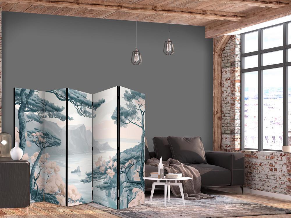 Room Divider - Mountainous Coast with Trees and Rocks - in Light Pastel Blues- A 5 Panel Folding Screen For Living rooms, bedrooms or home office, decorative folding screen made with wood and canvas