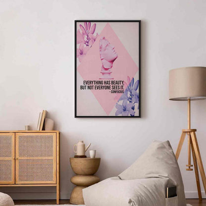 Canvas Print - Beauty in the Eyes - Inspirational Quote with Pink Bust and Flowers