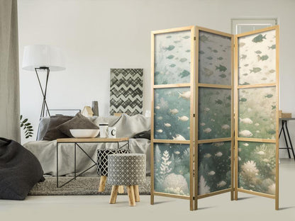 Japanese Room Divider - Fish and Diverse Vegetation - Grouping of Fish in Pastel Subdued Colors Among Oceanic Vegetation