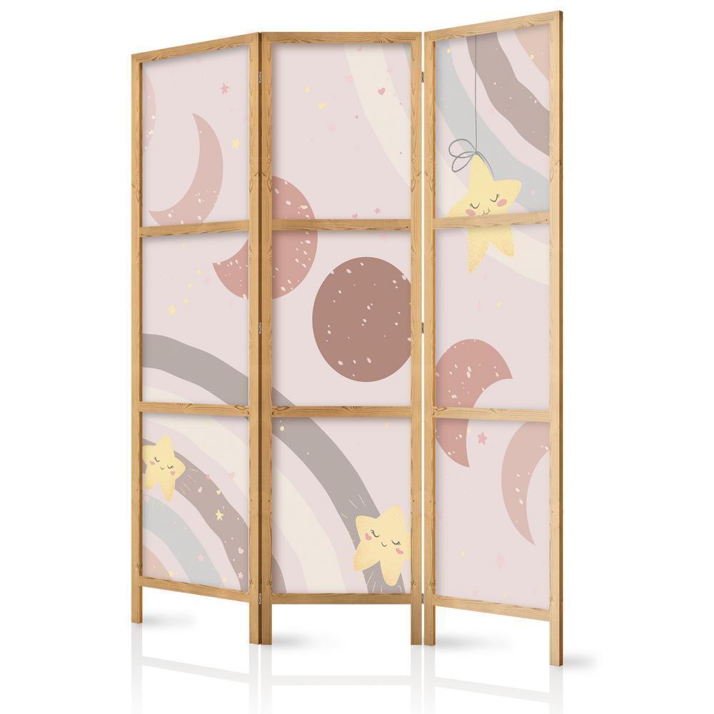 Japanese Room Divider - Joyful Sky - Yellow cheerful stars with a rainbow against the moon phases - in the sky colored light beige