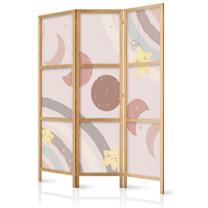 Japanese Room Divider - Joyful Sky - Yellow cheerful stars with a rainbow against the moon phases - in the sky colored light beige