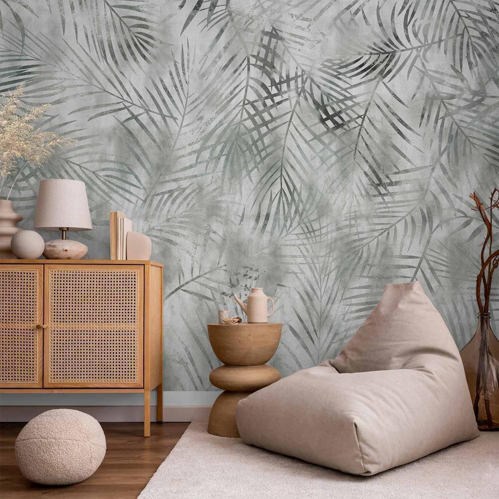 Wall Mural - Minimalist landscape - nature motif with grey exotic leaves