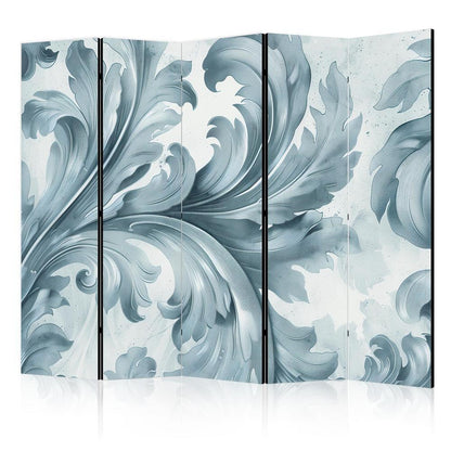 Room Divider - Stone Baroque Ornaments in Light Shades of Gray and Blue- A 5 Panel Folding Screen For Living rooms, bedrooms or home office, decorative folding screen made with wood and canvas