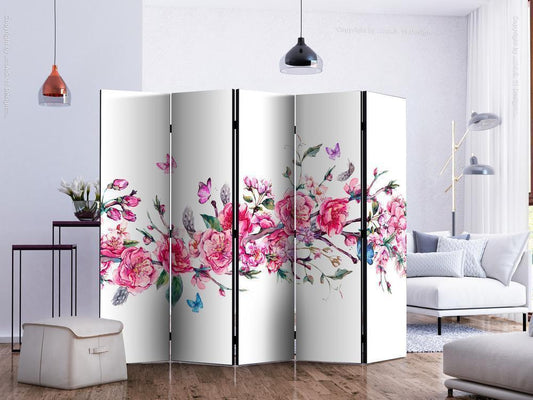 Decorative partition-Room Divider - Flowers and Butterflies II-Folding Screen Wall Panel by ArtfulPrivacy