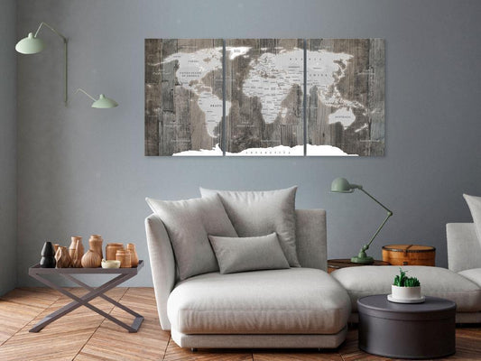 Canvas Print - World Map: Wooden World (3 Parts)-ArtfulPrivacy-Wall Art Collection