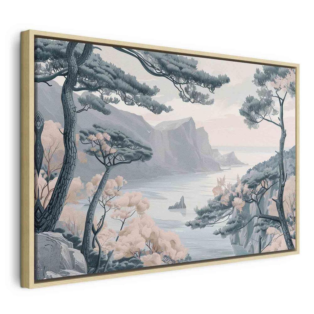 Impression sur toile - Côte montagneuse avec arbres et rochers dans des tons bleus pastel clairs