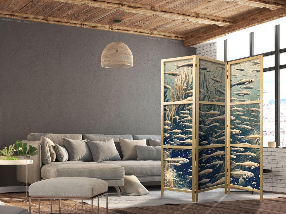 Japanese Room Divider - Life in the Ocean - Underwater World of Fish and Vegetation in Beige and Navy Retro Style