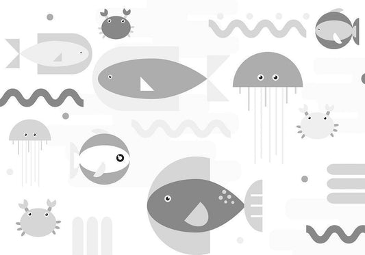 Wall Mural - Minimalist grey ocean - geometric fish in water for children-Wall Murals-ArtfulPrivacy