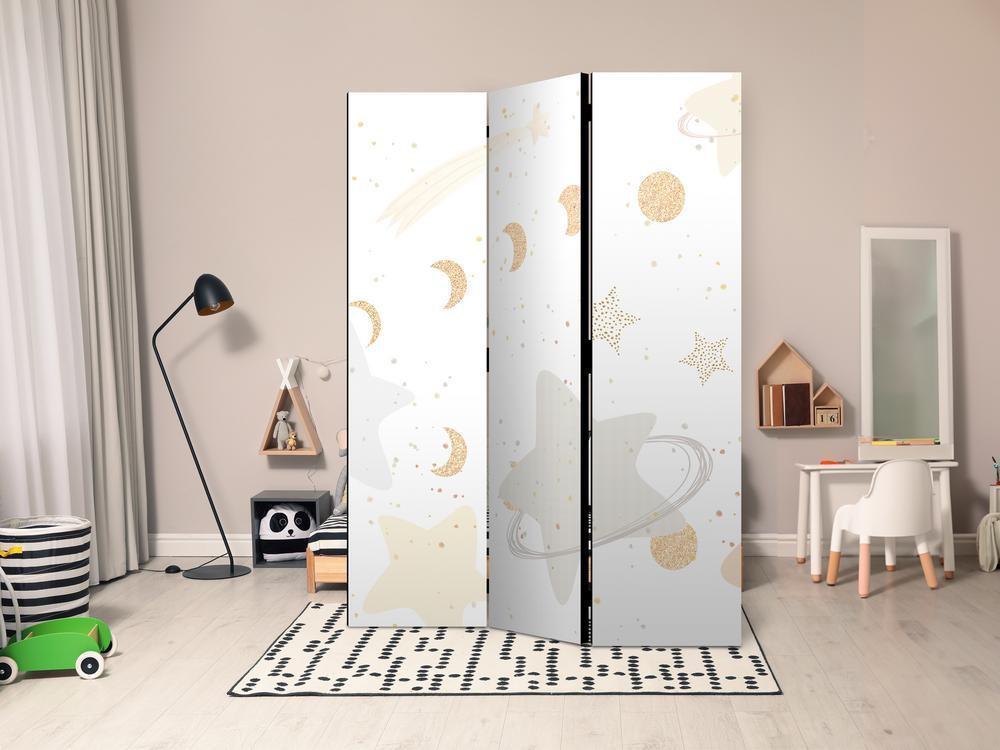 Room Divider - Fairy-Tale Galaxy - Moon Phases in Shades of Yellow Among Stars in Beige and Ash Colors with Stardust