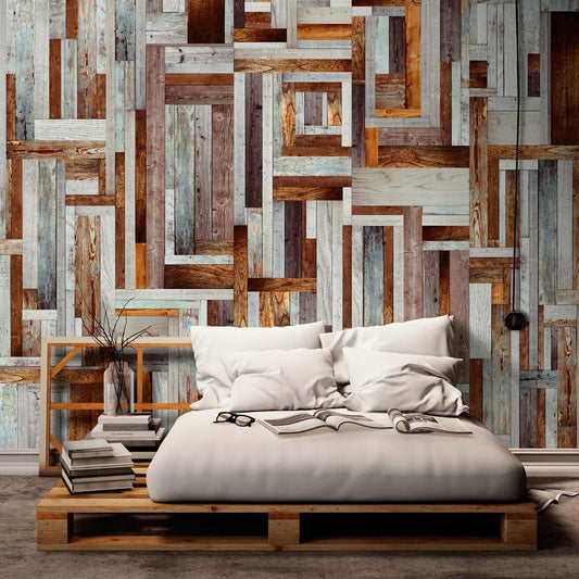 Classic Wallpaper made with non woven fabric - Wallpaper - Labyrinth of wooden planks - ArtfulPrivacy