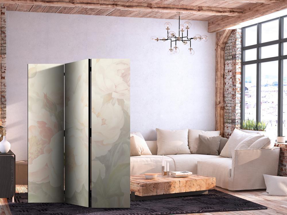 Room Divider - Blooming Peonies - Bright Large Flowers Enveloped in White Mist