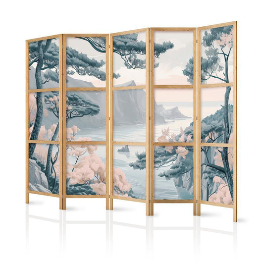 Japanese Room Divider - Mountainous Coastline with Trees and Rocks in Light Pastel Blues