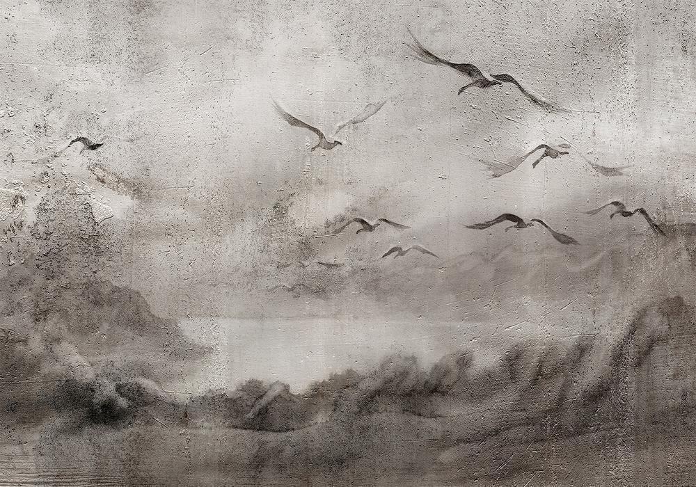 Wall Mural - Swan flight - abstract landscape of birds over a lake with texture-Wall Murals-ArtfulPrivacy