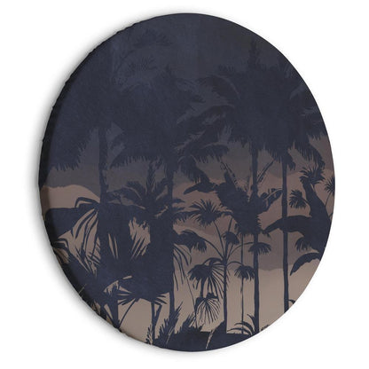 Circle shape wall decoration with printed design - Round Canvas Print - Evening in an exotic forest - Tropical greenery under the cover of night against the backdrop of mountainous terrain/Jungle at night - ArtfulPrivacy