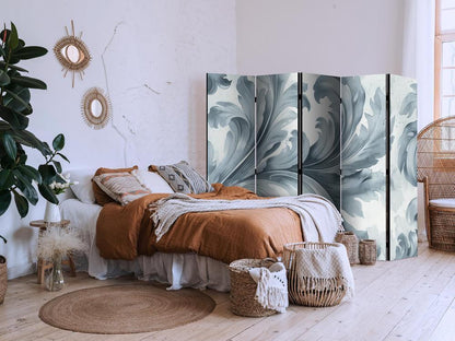 Room Divider - Stone Baroque Ornaments in Light Shades of Gray and Blue- A 5 Panel Folding Screen For Living rooms, bedrooms or home office, decorative folding screen made with wood and canvas