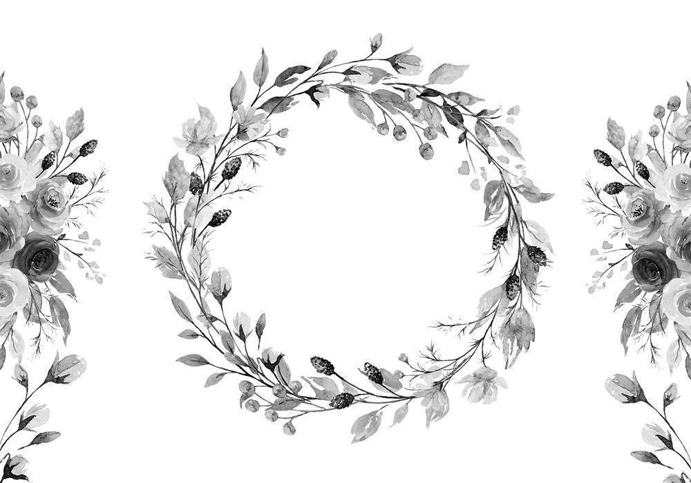 Wall Mural - Romantic wreath - grey plant motif with leaves with rose pattern-Wall Murals-ArtfulPrivacy