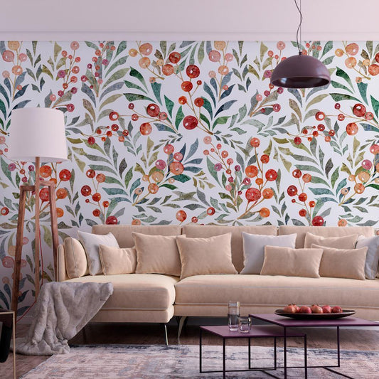 Wall Mural - Leaves of Red Berries-Wall Murals-ArtfulPrivacy