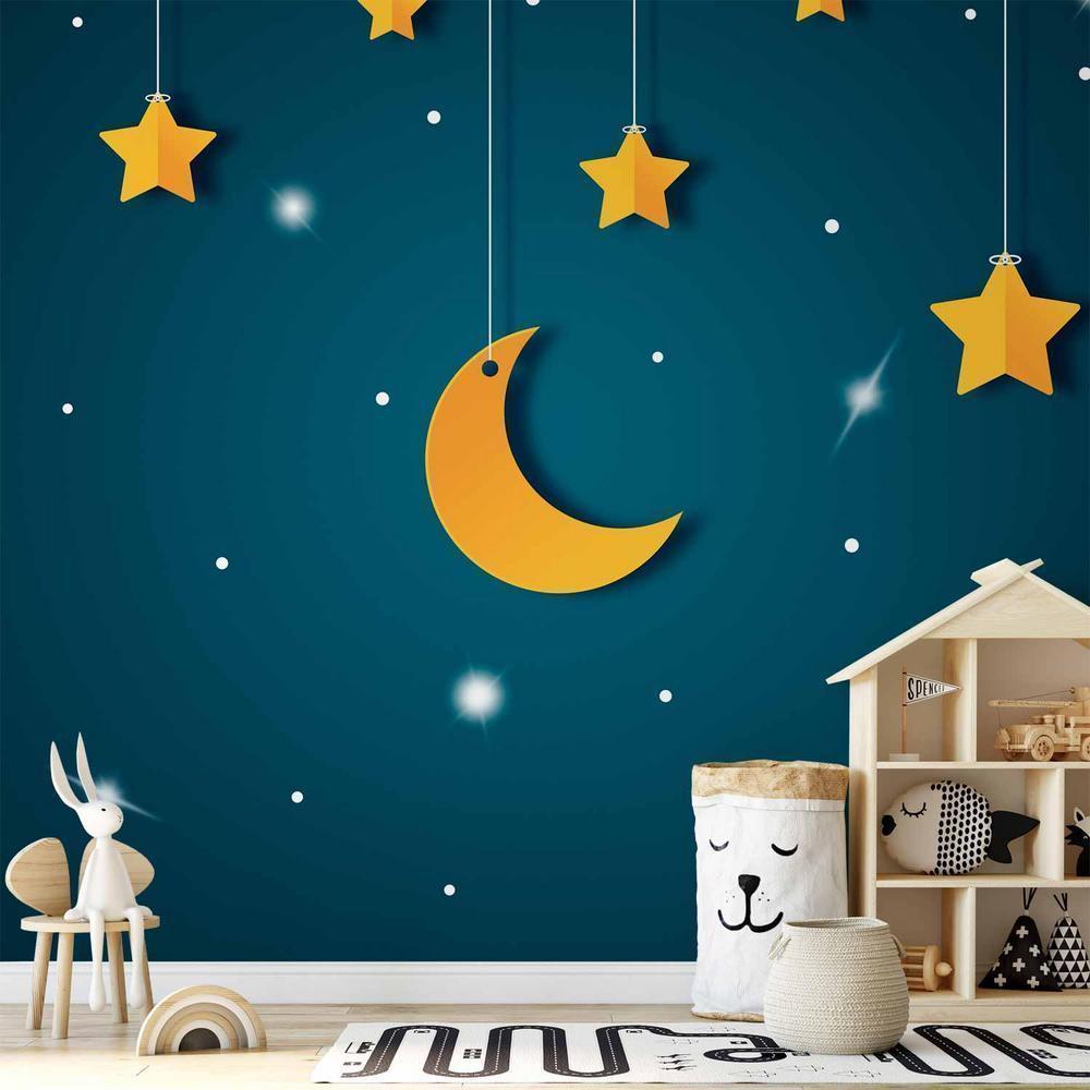 Wall Mural - Skyline - turquoise night sky landscape with stars for children