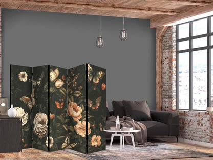 Room Divider - Mysterious Garden - Butterflies Flying Over Flowers - Rustic Evening- A 5 Panel Folding Screen For Living rooms, bedrooms or home office, decorative folding screen made with wood and canvas