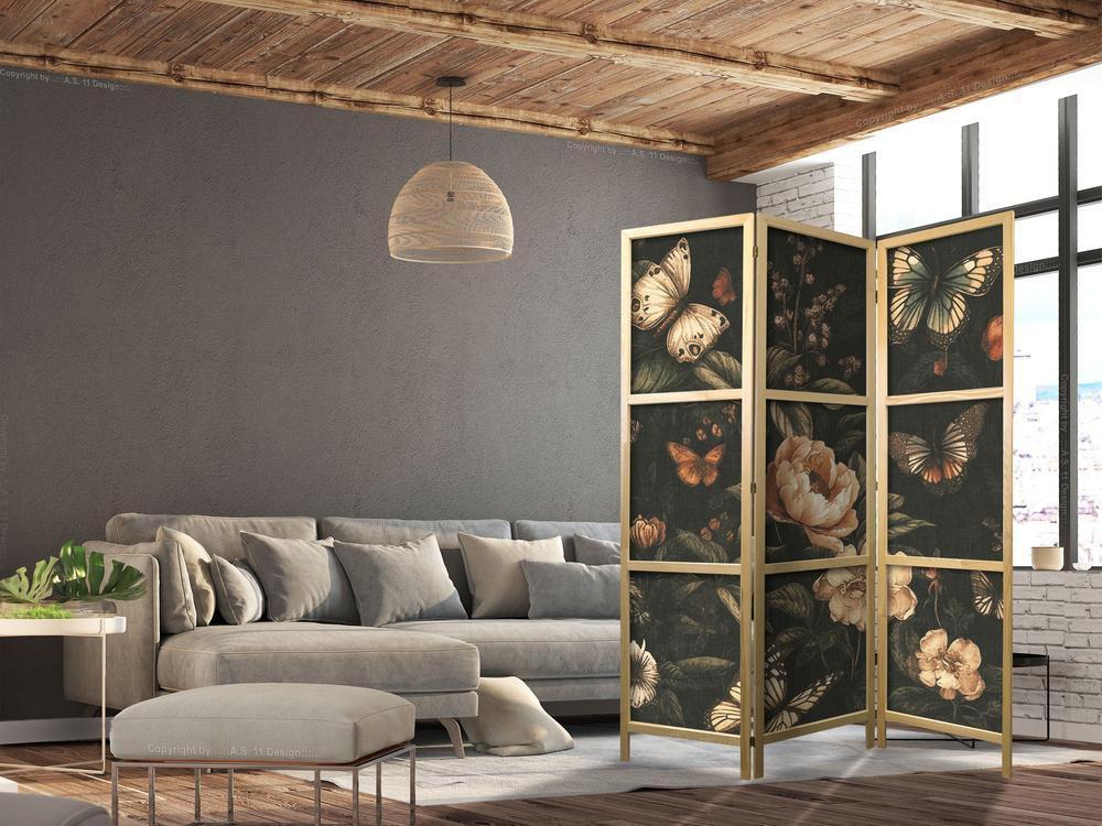 Japanese Room Divider - Mysterious Garden - Butterflies Flying Over Flowers - Rustic Evening